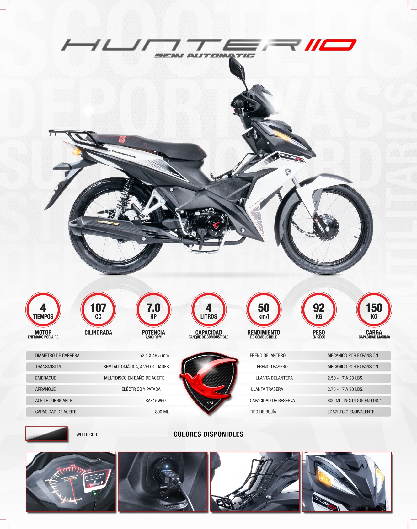MOTOCICLETA HUNTER 110cc BLANCA CARABELA (2026)